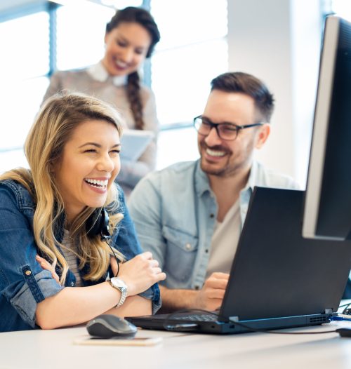 Group of business people and software developers working as a te