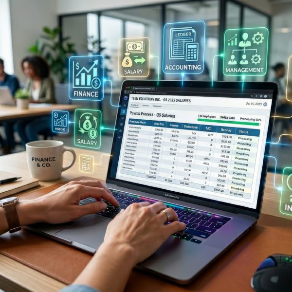 Accountant reviewing payroll spreadsheet with neon financial management icons floating above laptop screen. Salary processing, accounting software, tax compliance, income reporting.