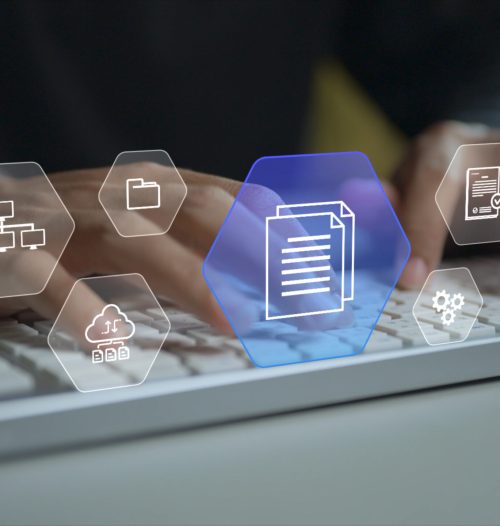 ERP enterprise resource planning concept. Person typing keyboard with business process and enterprise management icons, resource planning, workflow integration and operational efficiency.